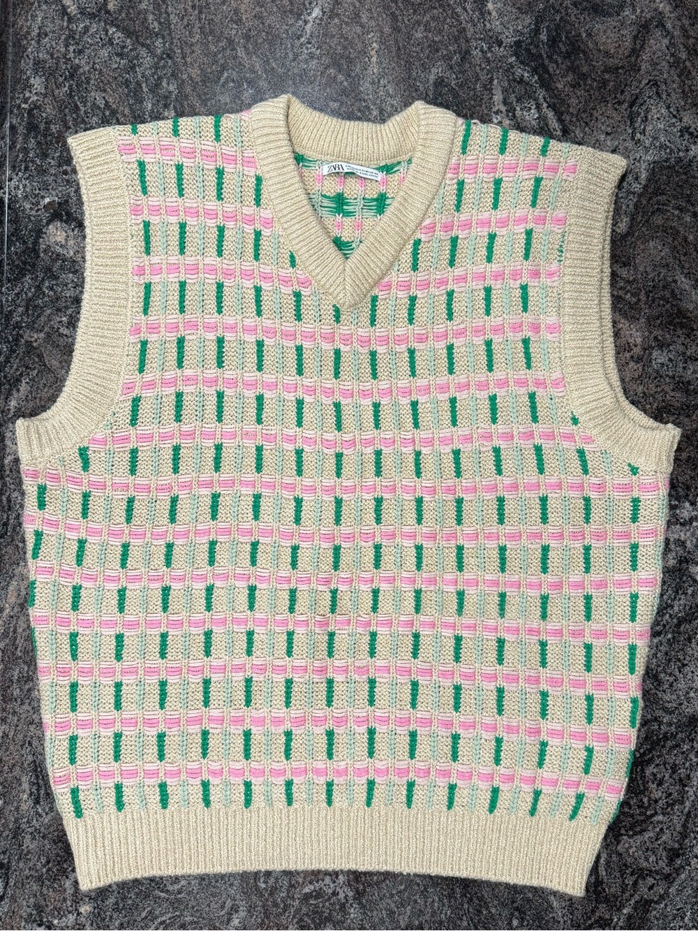 Zara Cream V-Neck Sweater Vest with Pink & Green Check